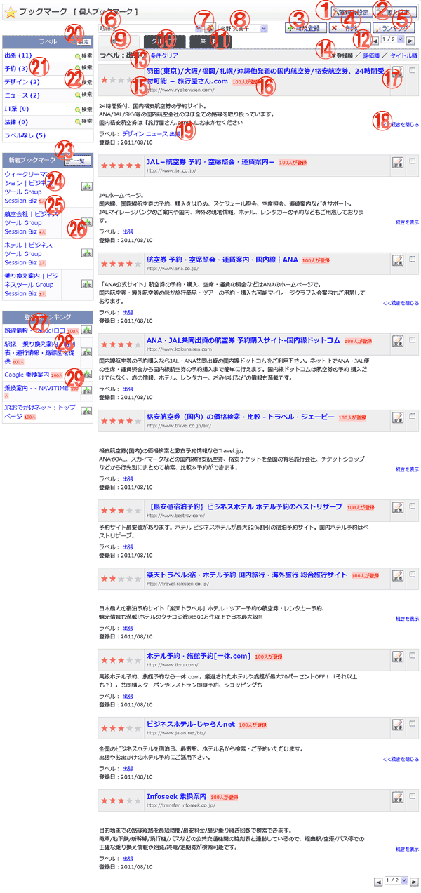 ブックマーク一覧 個人ブックマーク画面 機能詳細