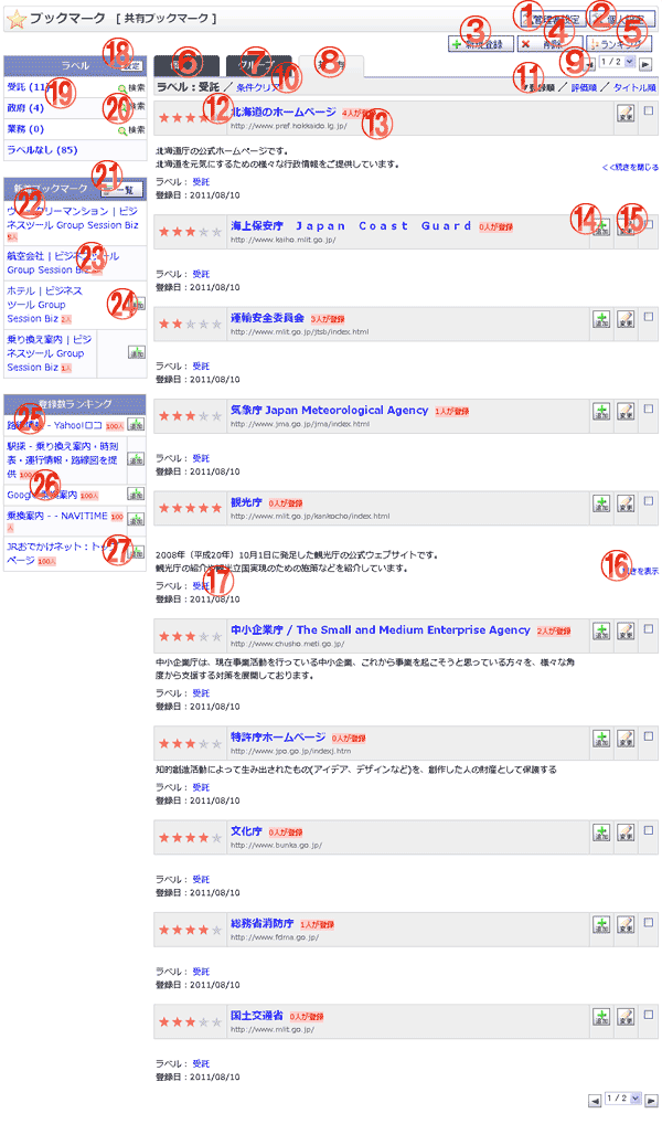ブックマーク一覧 共有ブックマーク画面 機能詳細