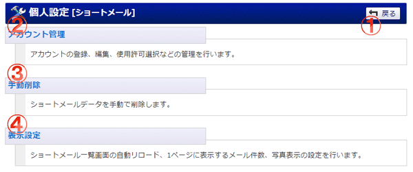 ショートメール個人設定メニュー 機能詳細
