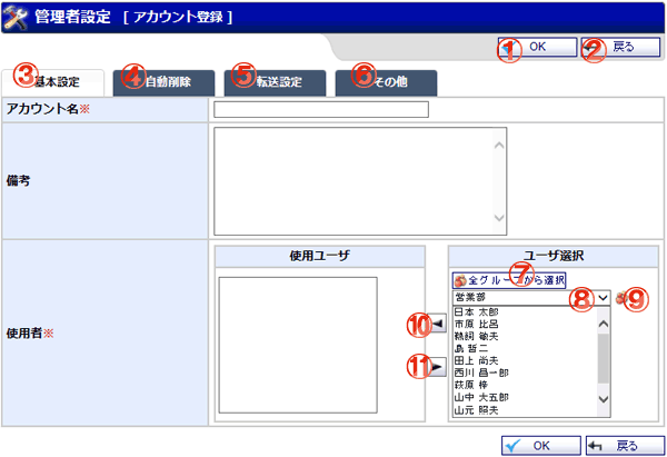 ショートメール 管理者設定 アカウント登録 機能詳細
