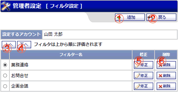 ショートメール 管理者設定 フィルタ設定 機能詳細